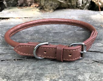 Hand Made Soft Leather Rolled Dog Collar Brown