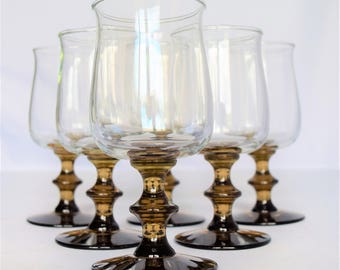 Set of 6 Libbey Rock Sharp Wine Goblets With Smoke Tinted Stems/Faux Bamboo stemmed Wine Glasses/Vintage Glassware
