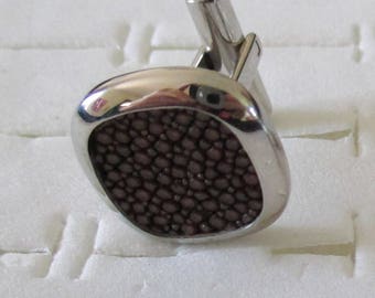 Brown leather and silver cufflinks