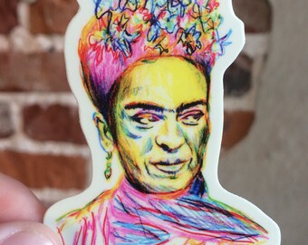 Frida Kahlo Sticker // Frida Kahlo Art // Frida Kahlo Portrait Drawing // Frida Kahlo // Colorful Sticker Laptop Guitar