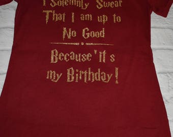 Harry potter inspired shirt, crimson and gold (glitter or not), I solemnly swear that I am up to no good because it's my birthday