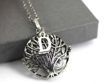 Initial Charm and Tree of Life Locket with Fillable Glass Orb, Memorial Jewellery, Cremation Jewelry, Fillable Jewelry, Cremation Necklace