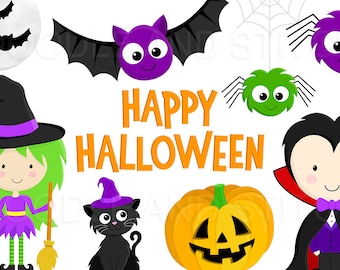 Halloween Clipart Pictures, Cute Halloween Clip Art Designs, Witch Illustration, Pumpkin Clipart Set, Commercial Use