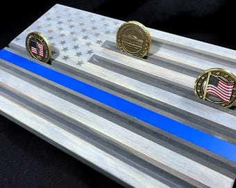 Thin Blue Line Challenge Coin Display Gray - Wood Flag Thin Blue Line - Challenge Coin Display Holder - Police Coin Display - Customizable -
