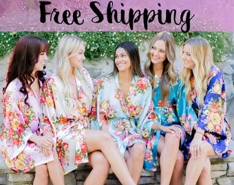 Set of 6, Bridesmaid robes, floral bridesmaid robes, floral robe, bridesmaid pajama set, satin robe, bridesmaid gifts, bridal party robes.