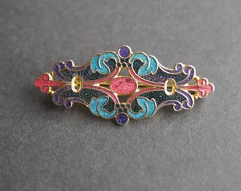 Broche Florale Art Déco En émail Cloisonné Sur Cuivre - Années 1920/1925, Vintage Avec Petit éclat