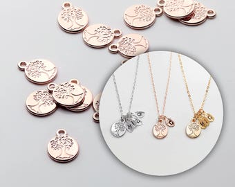 4 Pcs Rose Gold Family Tree Jewelry Charm Necklace Supply Coin Disc 4PCFT-R