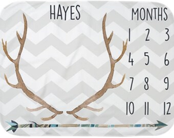 Baby Milestone Blanket- Antlers - Arrows - Boy - Personalized Baby Blanket - New Mom Baby Shower Gift