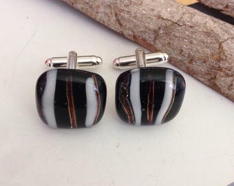 Stylish cufflinks, fused glass cuff links, black and white, handmade gift for men, suit accessories, men's wear, mens gift