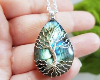Extraordinary Blue Labradorite, Silver Tree Of Life Pendant, Boho Jewelry, Wire Wrapped Jewelry, Healing Crystal Stone, Bridesmaid Gift