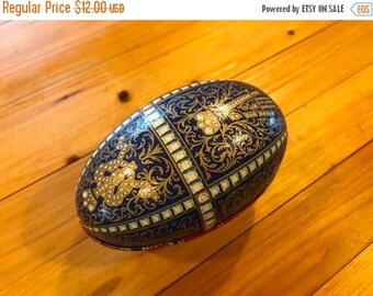 SummerSpecial10% Vintage Lithograph Tin Easter Faberge Egg Candy Container Inv2340