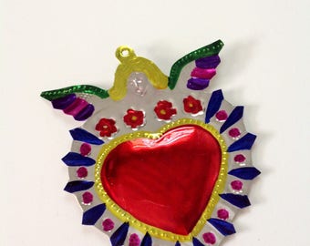 Tin Heart Plaque Handmade Mexican Tin Wall Ornament Mexican Folk Art Recycled Art Hammered Milagros