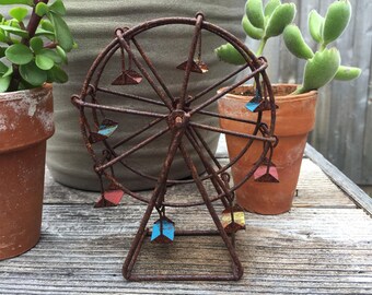 Fairy Garden | Miniature Ferris Wheel Carnival Fair Ride | Rustic Metal with Painted Patina | Whimsical County Fair for Fairies & Gnomes