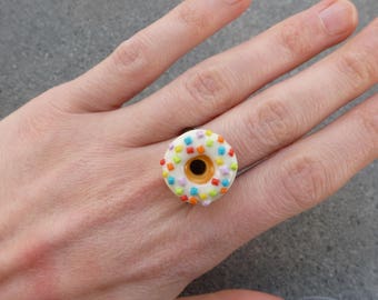 OLD @lucothe BRONZE ring handmade polymer clay jewelry gourmet CREATION ORIGINAL DONUT white MULTICOLORED gift idea