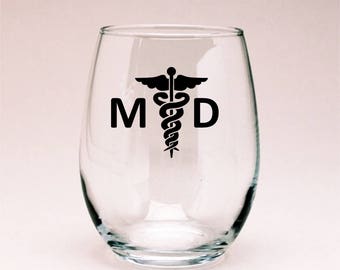 Doctor of Medicine M.D. Caduceus Wine Glass