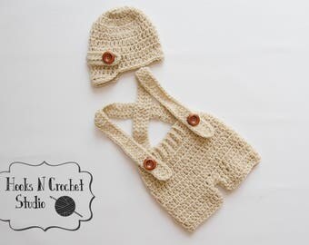 newborn crochet outfit, newborn boy crochet outfit, newborn boy outfit, newborn overalls, crochet overalls, crochet suspender, newsboy hat
