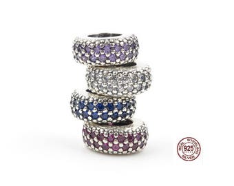 Choose between 6 diferent colors Pave Spacer with Zirconia, 100% 925 Sterling Silver, Fit Pandora Snake Chain Charm Bracelet, DiY Jewelry