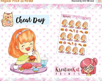 SALE50%OFF Cheat day / Planner Stickers / Hand-drawn / Kawaii / Cartoon / Food / Foodlover / Burger / Pizza / Chibi / Watercolor