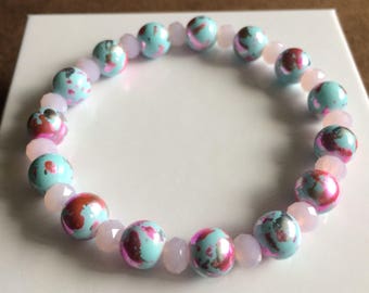 Women's bracelet- blue/pink/silver splatter print beads