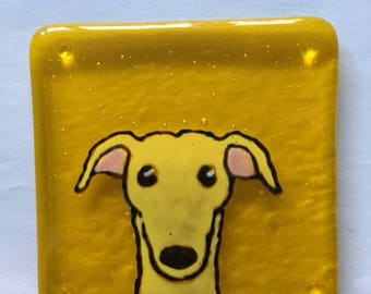Sandy the Greyhound Fused glass coaster