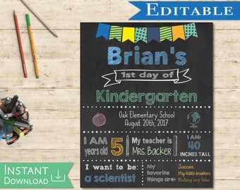 First day of School Sign Editable Chalkboard Boy Back to School 1st day of School, DIY Printable Blue Green Orange Chalkboard, Flags
