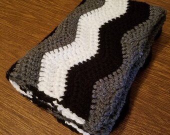 Black, Grey, and White Ripple Crochet Baby Blanket