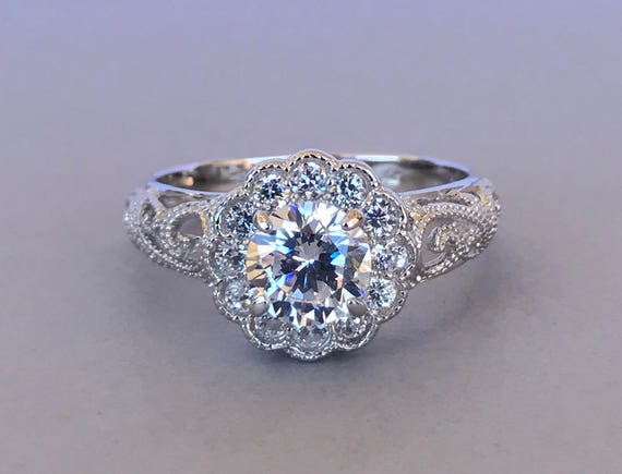 Round Cut Simulated Diamond Filigree Flower Ring Halo Vintage