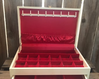 Beige Jewelry Box Vintage 1950's Mele Off White 2 Tiered Jewelry Box Necklace Hooks Red Velvet & Satin Lining Trinket Box Vanity Dresser Box