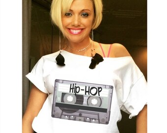 Hip Hop MIXTAPE shirt, Cassette Tape, Off shoulder, crop top, 80s shirt, Mix Tape, plus size, 80s 90s party, Retro crop top, Vintage style