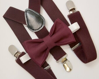 Bow Tie & Suspenders SET / DARK burgundy Bow Tie and Matching Suspenders / Kids Mens Baby Wedding Page Boy Set 6 mo - Adult Page Boy Set