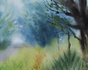 ORIGINAL Watercolor Painting - Foggy morning landscape - Forest landscape - Nature painting