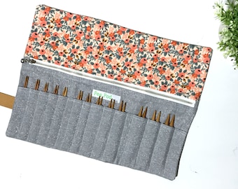 Interchangeable Needle Case/Knitting Needle Case/Organizer: Floral and Metallic Fog