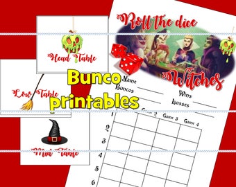 Witches Bunco printable. Score card, Mid, High and Low table signs. Instant download printables PDF Halloween buncoween disney roll the dice