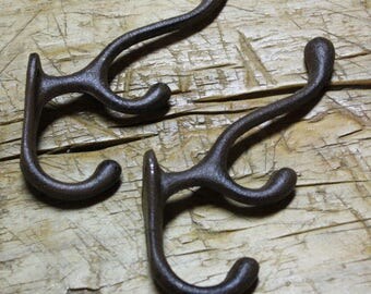 4 Cast Iron TRIPLE SCHOOL Style Coat Hooks Hat Hook Rack Hall Tree Restoration