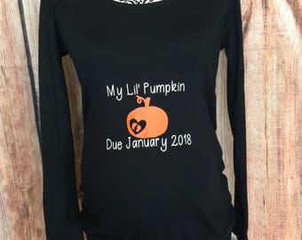 My Lil Pumpkin Maternity Shirt Due Date Long Sleeve Shirt Pumpkin Pregnancy Shirt Maternity Pumpkin With Footprints Shirt Halloween Shirt