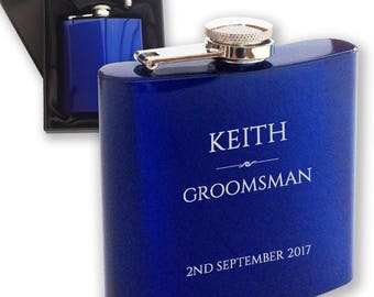 Personalised engraved GROOMSMAN hip flask WEDDING gift idea, blue reflective stainless steel presentation box - RET2