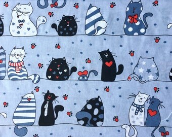 Cat fabric, black cat fabric, kids fabric, animal fabric, grey fabric, funny cat fabric