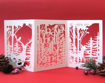 Holly Christmas card, 3D Christmas card, Forest lover card, Christmas decoration, Christmas stag card, Winter holiday card, Noel card
