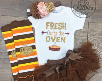 Baby Girl Thanksgiving Outfit Fresh Outta the Oven Newborn girl set Baby girl Coming home outfit Fresh out the oven onesie fall girl outfit