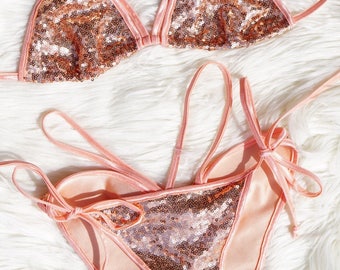 Sequin, strappy, rose gold bikini. Unique, sparkly swimwear. Custom made, made to order swimsuit.