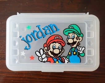 Super Mario Bros Personalized Pencil Box, hand painted school supplies storage, kids party favor, super mario party favors art supplies