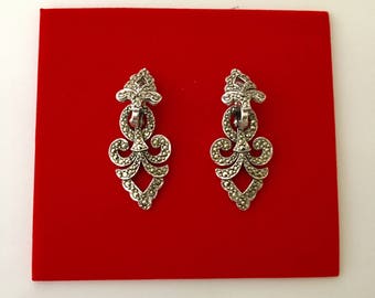 1950s Marcasite Silver Earrings, Swirl Marcasite Stone Earrings, Clip on earrings
