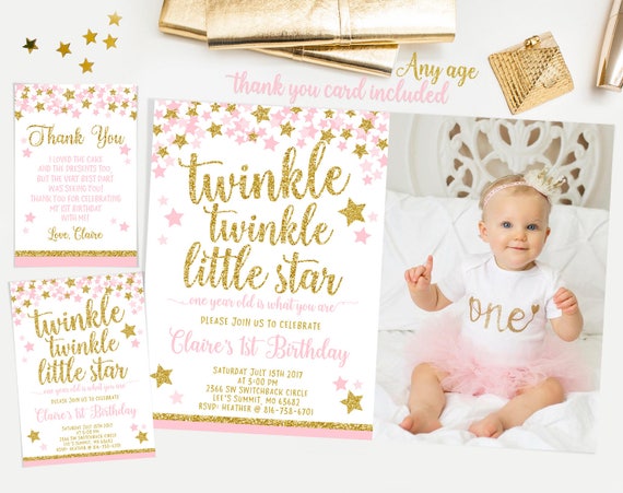 Twinkle twinkle little star first birthday invitation Pink