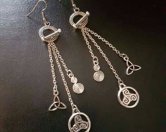 Pagan/viking inspired DAY to NIGHT drop tassel earrings. 2 in 1 pair. charm/triskelle/chain/frigg/freyja/odin/thor/triquetra/celtic/knot