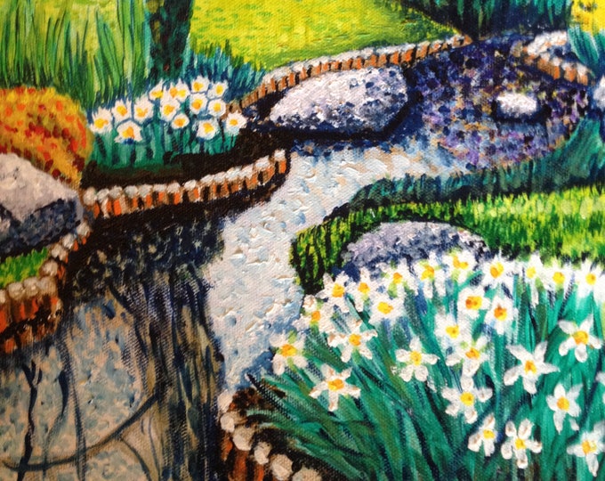 Reflection Park Pointilism Oil Painting 18x24, Oil Painting of a Flowering Park With Reflection Creek, Fine Art Painting, Wall Decor