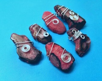 Set of 6, Pink Fire Agate, Wire Wrapped, Crystal, Gemstone, Natural, Silver Necklace, Jewelry Pendant Making, Wire Wrapping, Resale, #77