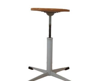 Vintage industrial stool shop stool with spindle and plywood, 60s