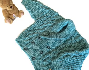 Baby Boy's handknitted Aran Cardigan, to fit 9 - 12 months approx, shawl neck Aran cardigan, baby cross over cardigan, snuggle baby cardigan