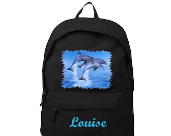 Black backpack, dolphins, personalized with name