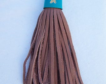 Large tassel in pink and turquoise, handcrafted leather, tassel 15cm + clip